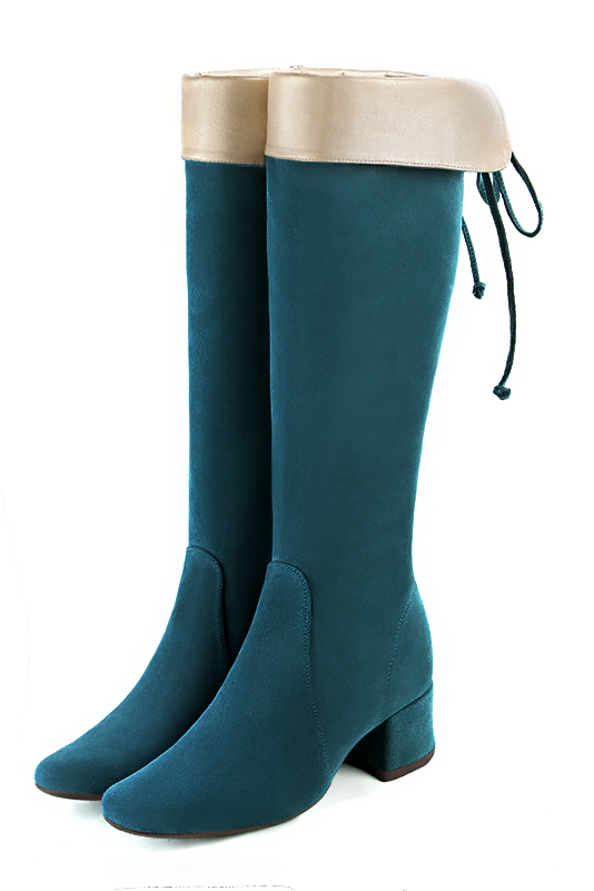 Peacock blue and gold women's knee-high boots, with laces at the back. Round toe. Low flare heels. Made to measure. Front view - Florence KOOIJMAN